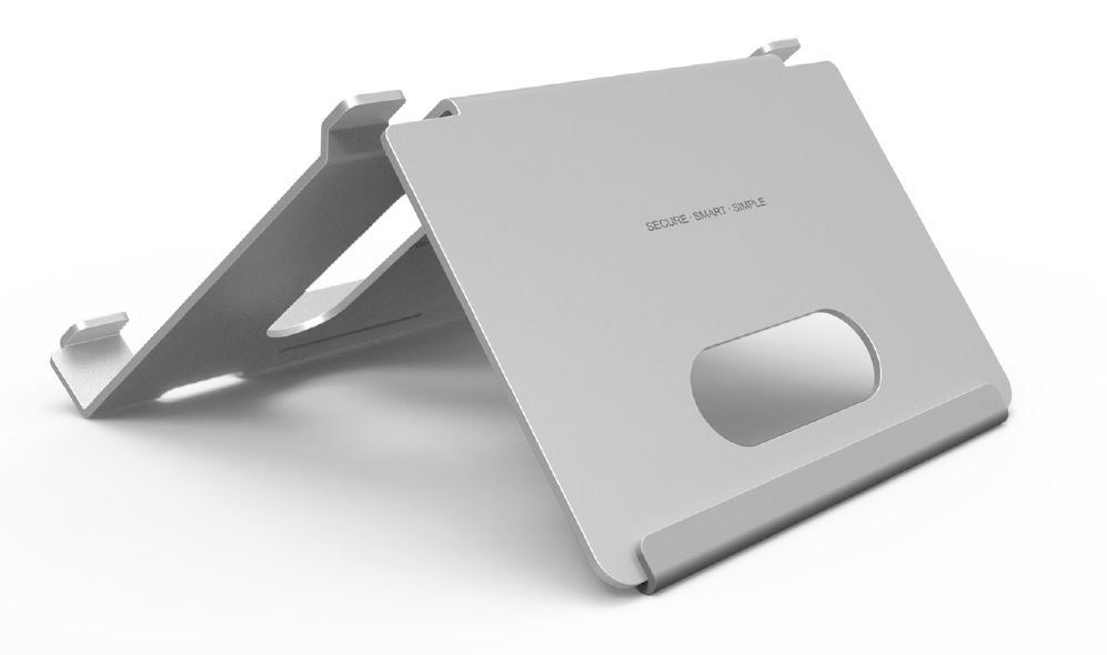 Ein silberfarbener, zusammenklappbarer Laptopständer mit einem eingestanzten Griffloch und einer Aufschrift "SECURE. SMART. SIMPLE." auf der Oberfläche.