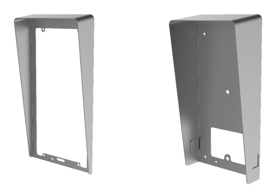 Zwei Ansichten eines metallischen Gehäuses mit rechteckiger Form und abgeschrägten Ecken, die für den Schutz oder die Montage von Geräten geeignet sind.