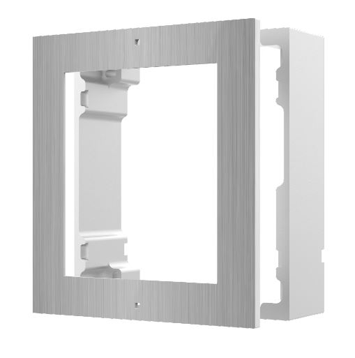 Ein rechteckiger Metallrahmen mit einer gebürsteten Oberfläche und einem quadratischen Innenausschnitt, der zur Aufnahme eines Geräts oder Einsatzes dient.