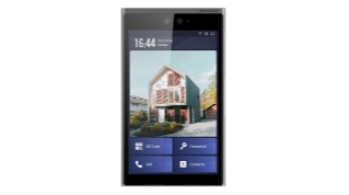 Smart Home Sicherheitsdisplay mit Bild eines modernen Hauses, Uhrzeit-Anzeige und mehreren Bedienoptionen wie QR-Code und Passwort.