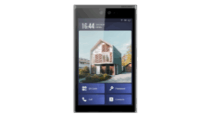 Ein moderner interaktiver Türsprechanlage-Bildschirm zeigt das Bild eines Hauses mit Benutzeroberflächenoptionen wie QR-Code, Passwort und Anrufschaltflächen.