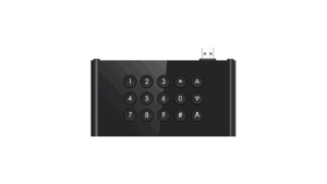 Schwarze USB-Tastatur mit Nummernblock und Symboltasten, darunter Sternchen und Raute, sowie Pfeilsymbole.