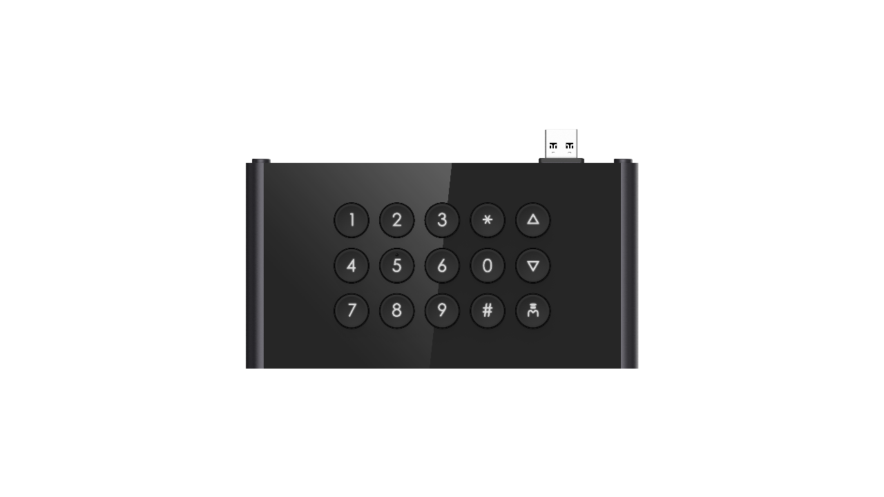 Schwarze USB-Tastatur mit Nummernblock und Symboltasten, darunter Sternchen und Raute, sowie Pfeilsymbole.