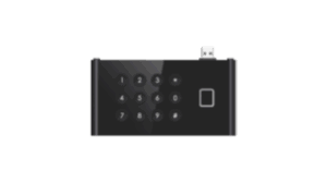 Kompaktes, schwarzes, quadratisches Gerät mit einem Tastenfeld mit Zahlen von 1 bis 9 und einem USB-Stecker an der Oberseite.