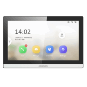 Digitales Kontrollpanel mit LCD-Bildschirm, das Datum, Uhrzeit und verschiedene Touch-Icons für Anrufe, Nachrichten und Einstellungen anzeigt.