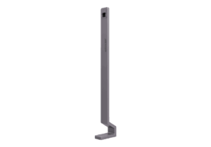 Graues, vertikales Metallstück mit einer gebogenen Basis und einem rechteckigen Ausschnitt an der oberen Seite.