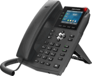 Ein schwarzes digitales Festnetztelefon mit einem Farbdisplay und zahlreichen Tasten, darunter ein Nummernblock und Steuerungstasten auf der Vorderseite.