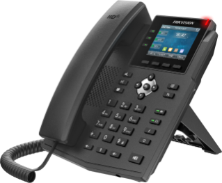 Ein schwarzes digitales Festnetztelefon mit einem Farbdisplay und zahlreichen Tasten, darunter ein Nummernblock und Steuerungstasten auf der Vorderseite.