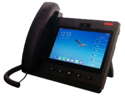 Ein modernes IP-Telefon mit einem großen Touchscreen und einer angeschlossenen Schnurhörer, das verschiedene Apps und Informationen anzeigt.