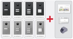 Eine Auswahl von Hikvision-Türsprechanlagenmodellen in schwarz und silber, mit verschiedenen Tastenanordnungen, sowie ein Touchscreen-Monitor und andere elektronische Geräte auf der rechten Seite.