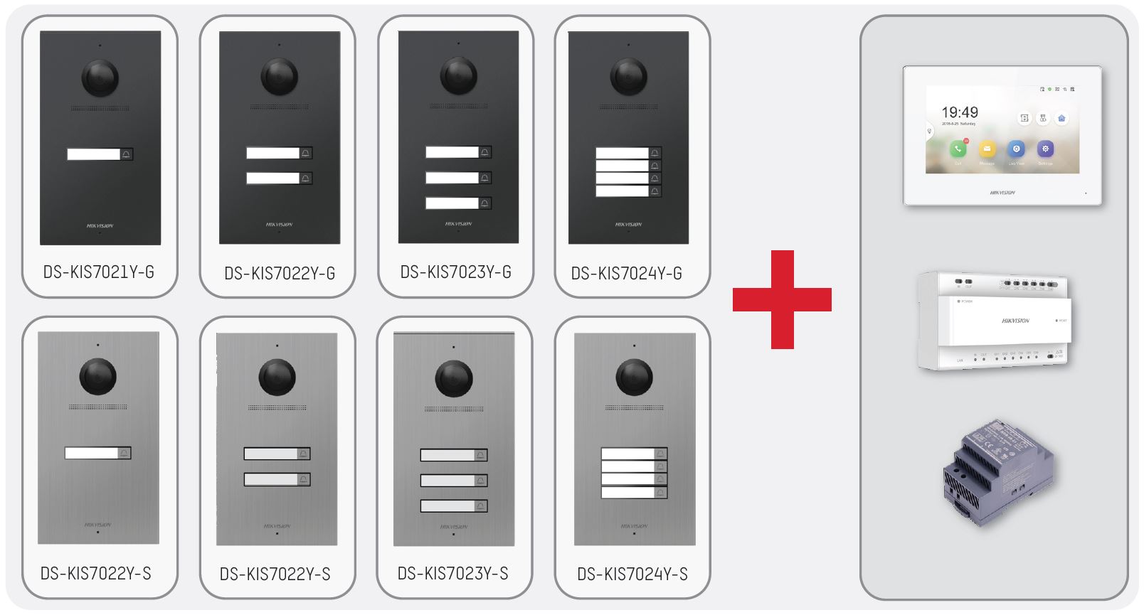 Eine Auswahl verschiedener Hikvision-Gegensprechanlagenmodule in schwarzer und silberner Ausführung, daneben ein digitales Bedienfeld und zwei Steuergeräte.