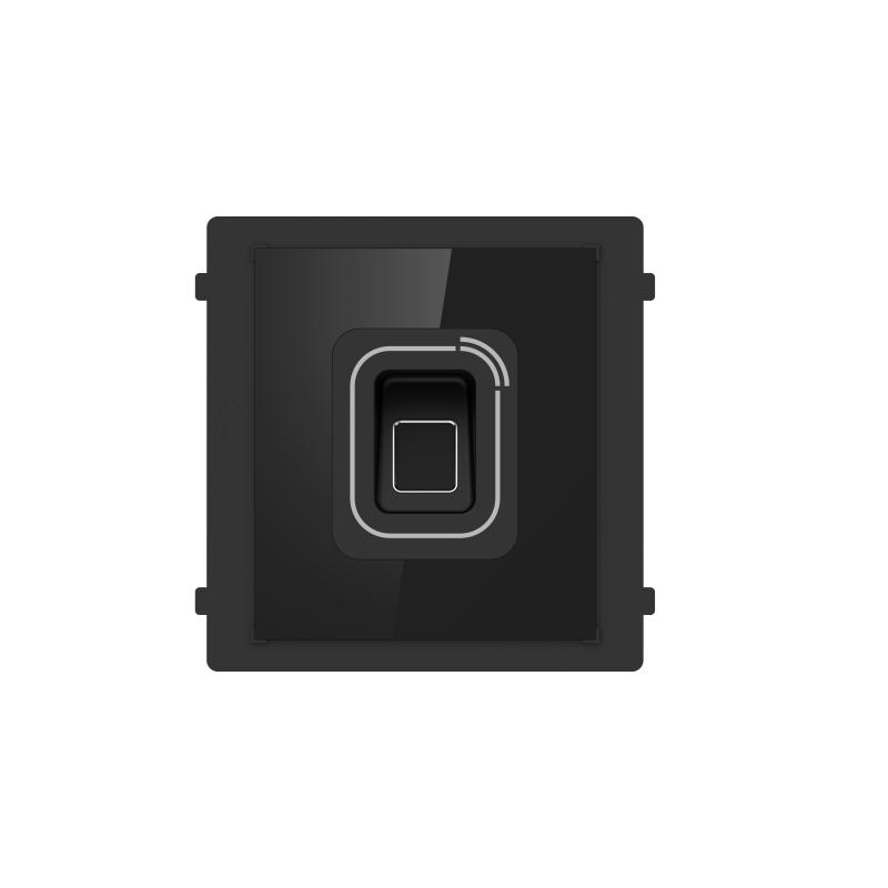 Ein quadratischer Fingerabdruckscanner in Schwarz mit abgerundeten Ecken, auf weißem Hintergrund.