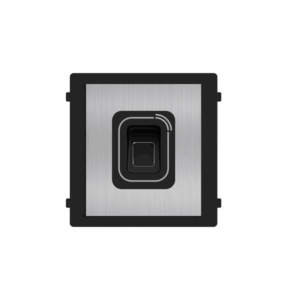 Quadratisches Gerät mit schwarzem Gehäuse und einer Metallfläche mit einem Fingerabdrucksensor in der Mitte.
