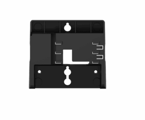 Eine schwarze Montagerückplatte mit mehreren Aussparungen und Befestigungslöchern, geeignet für technische Anwendungen.