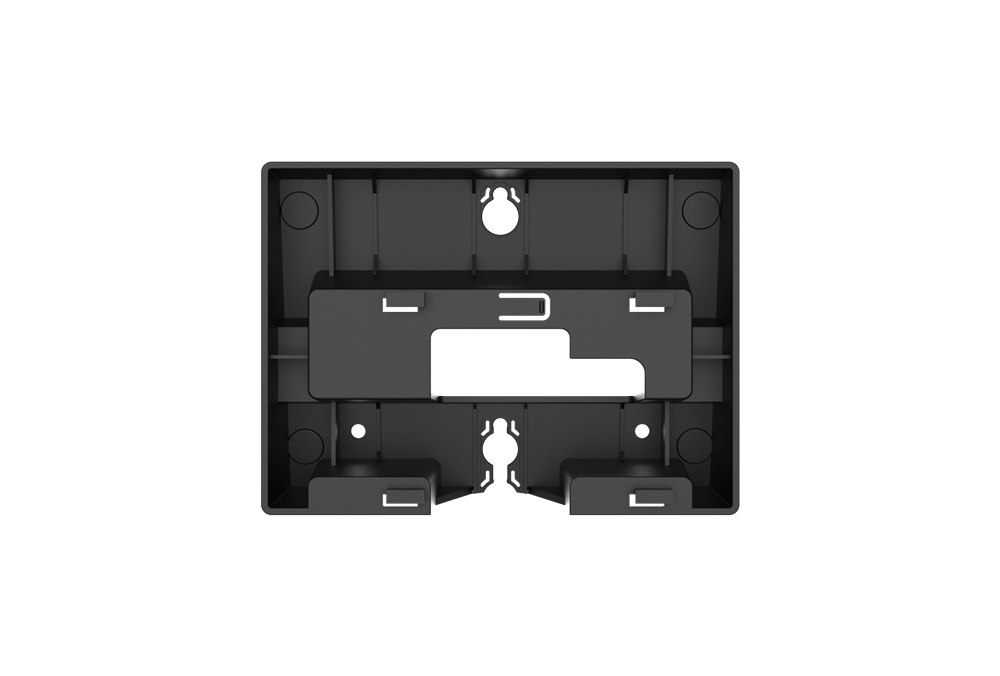 Schwarze Kunststoffhalterung mit mehreren Aussparungen und Befestigungspunkten, wahrscheinlich zur Nutzung als Wandmontage.