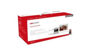 Verpackung eines Hikvision 2-Wire HD Villa Kits mit Abbildungen des Inhalts und einer Beschreibung der Funktionen.