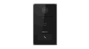 Schwarzes, rechteckiges Video-Türsprechsystem von Hikvision mit Kamera oben, mittigem Touchpad und Klingelsymbol darunter.