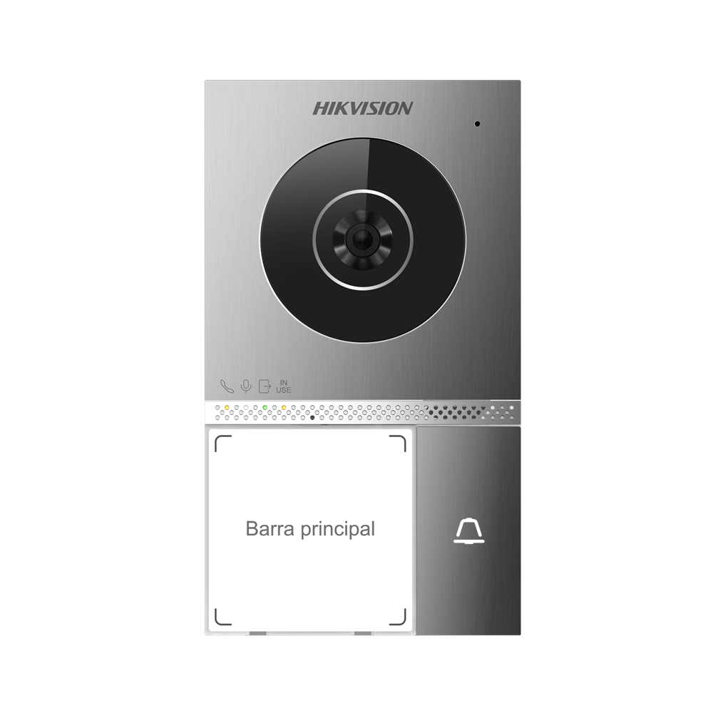 Silberne Hikvision-Video-Türsprechanlage mit Kamera und beleuchtetem Schild mit der Aufschrift 'Barra principal', sowie einer kleinen Klingeltaste.