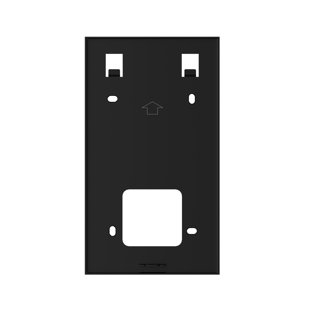 Schwarze Kunststoff-Rückplatte mit zentralem Ausschnitt, Befestigungsöffnungen und Pfeil, der nach oben zeigt.