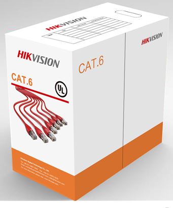 Verpackung einer HIKVISION CAT.6 Netzwerkkabel-Box, weiß mit orangefarbenen Akzenten, zeigt ein Bild von roten Ethernet-Kabeln und das UL-Zeichen.