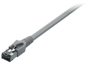 Ein graues Ethernet-Kabel mit einem RJ45-Stecker mit metallener Abschirmung.