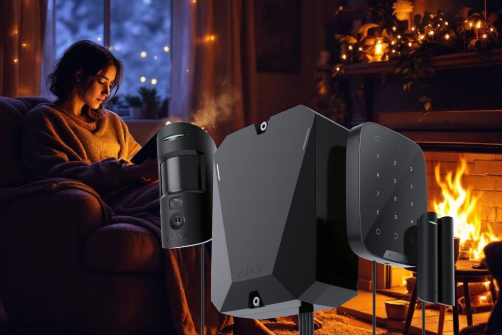 Eine Frau sitzt auf einem Sofa und liest ein Buch, während sie in eine Decke gehüllt ist. Im Vordergrund sind verschiedene schwarze Sicherheitsgeräte von Ajax zu sehen. Im Hintergrund brennt ein Kaminfeuer und es sind dekorative Lichter zu erkennen.