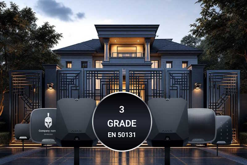 Mansion mit modernem Tor und außen platzierte Überwachungsgeräte, darunter Text "3 GRADE EN 50131", die ein bestimmtes Sicherheitsniveau angeben.