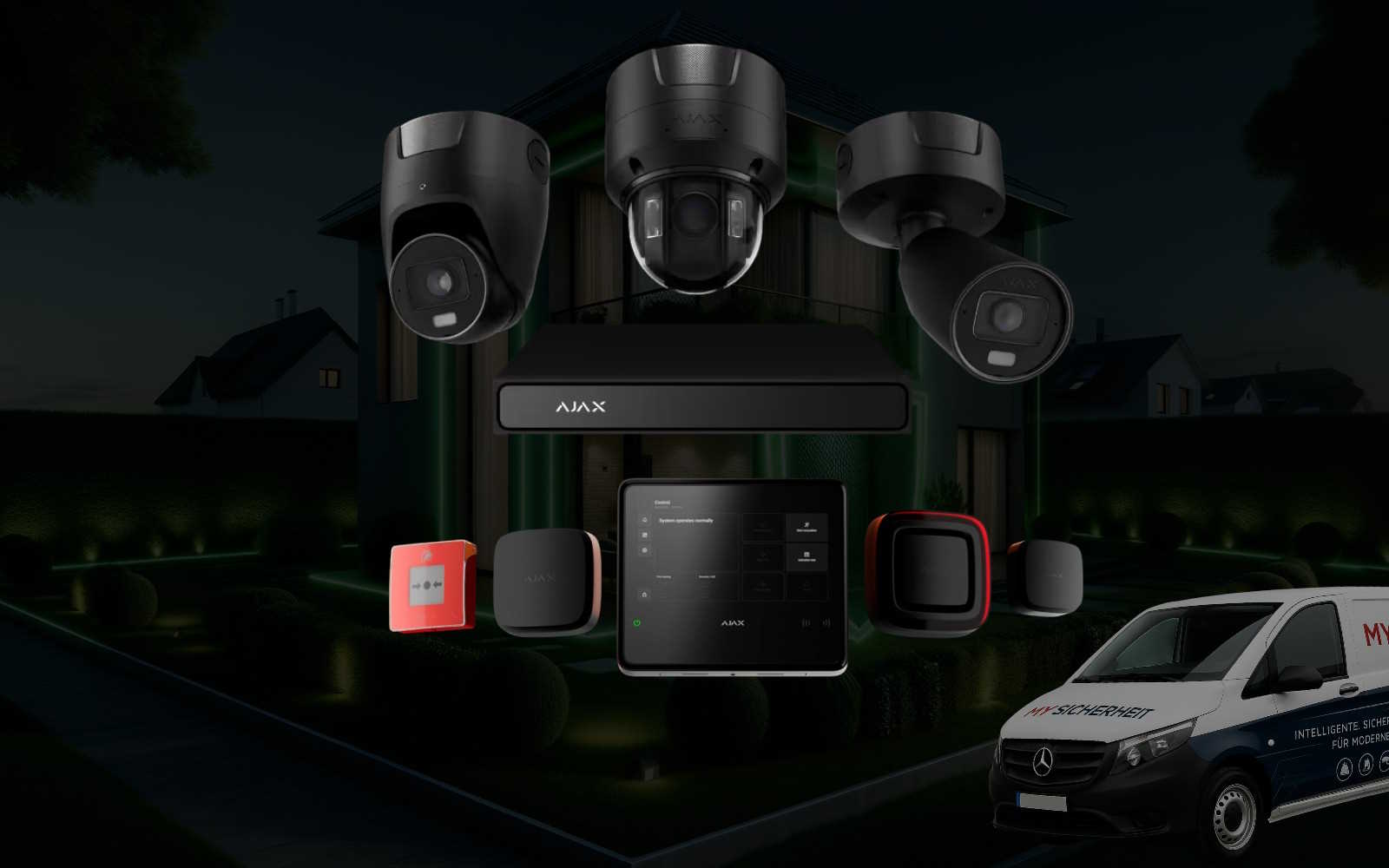 Eine Reihe von Überwachungskameras und Sicherheitssystemkomponenten ist vor einem dunklen Wohngebäude dargestellt, mit einem Lieferwagen der Marke My Sicherheit im Vordergrund.