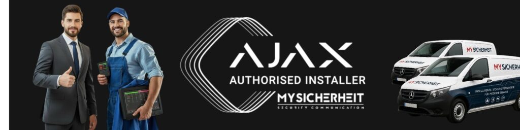 Zwei Männer stehen nebeneinander, einer in einem Anzug, der andere in Arbeitskleidung mit einem technischen Gerät in der Hand. Daneben das Logo von AJAX mit der Aufschrift 'Authorised Installer' und 'MySicherheit'. Rechts sind zwei weiße Lieferwagen mit dem Aufdruck 'MySicherheit' abgebildet.