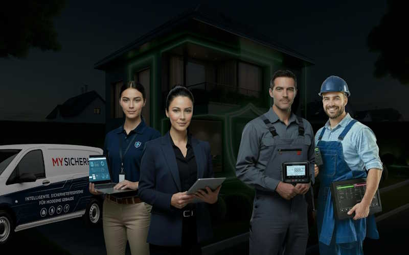 Eine Gruppe von vier Personen in Berufskleidung steht vor einem Haus, darunter ein Techniker, ein Ingenieur und ein Sicherheitsfachmann.