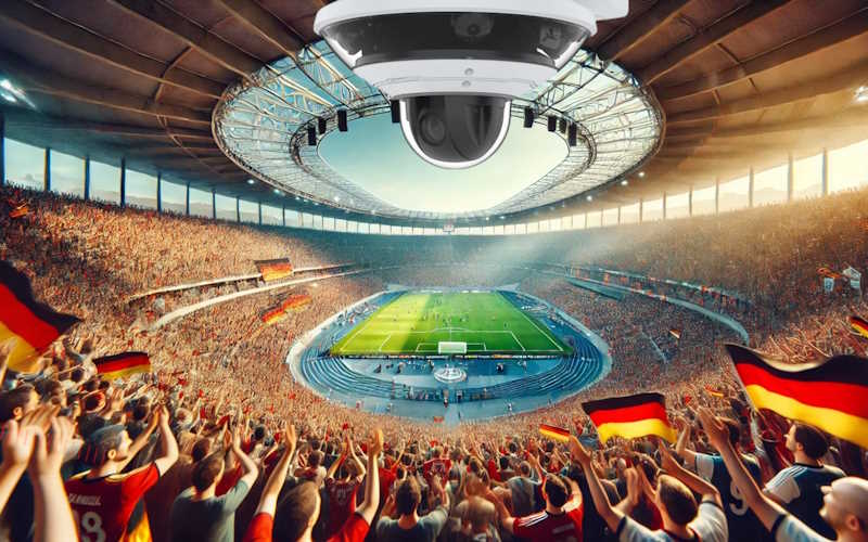 Ein volles Fußballstadion mit jubelnden Fans und Deutschland-Fahnen, im Vordergrund eine große Überwachungskamera.