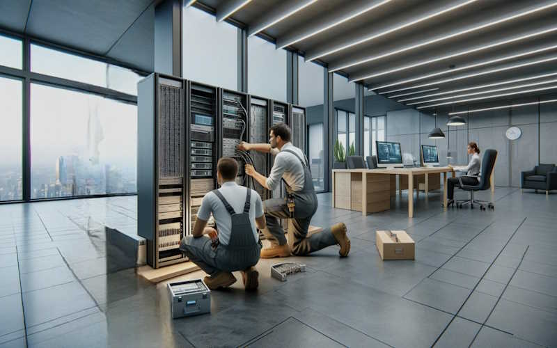 Zwei Techniker in Overalls arbeiten an einem Serverrack in einem modernen Büro mit großen Fenstern und Schreibtischen im Hintergrund.
