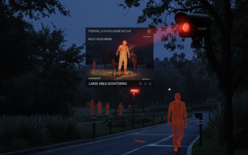 Menschen in einem überwachten Park bei Nacht, hervorgehoben durch Wärmekameras, mit rotem Licht betont.
