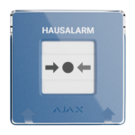 Blauer Hausalarmknopf mit Pfeilen und Punkt in der Mitte, mit "HAUSALARM"-Beschriftung oben.