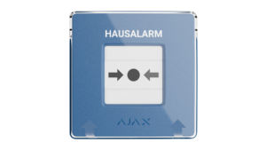 Blauer Hausalarmknopf mit Pfeilen und Punkt in der Mitte, mit "HAUSALARM"-Beschriftung oben.