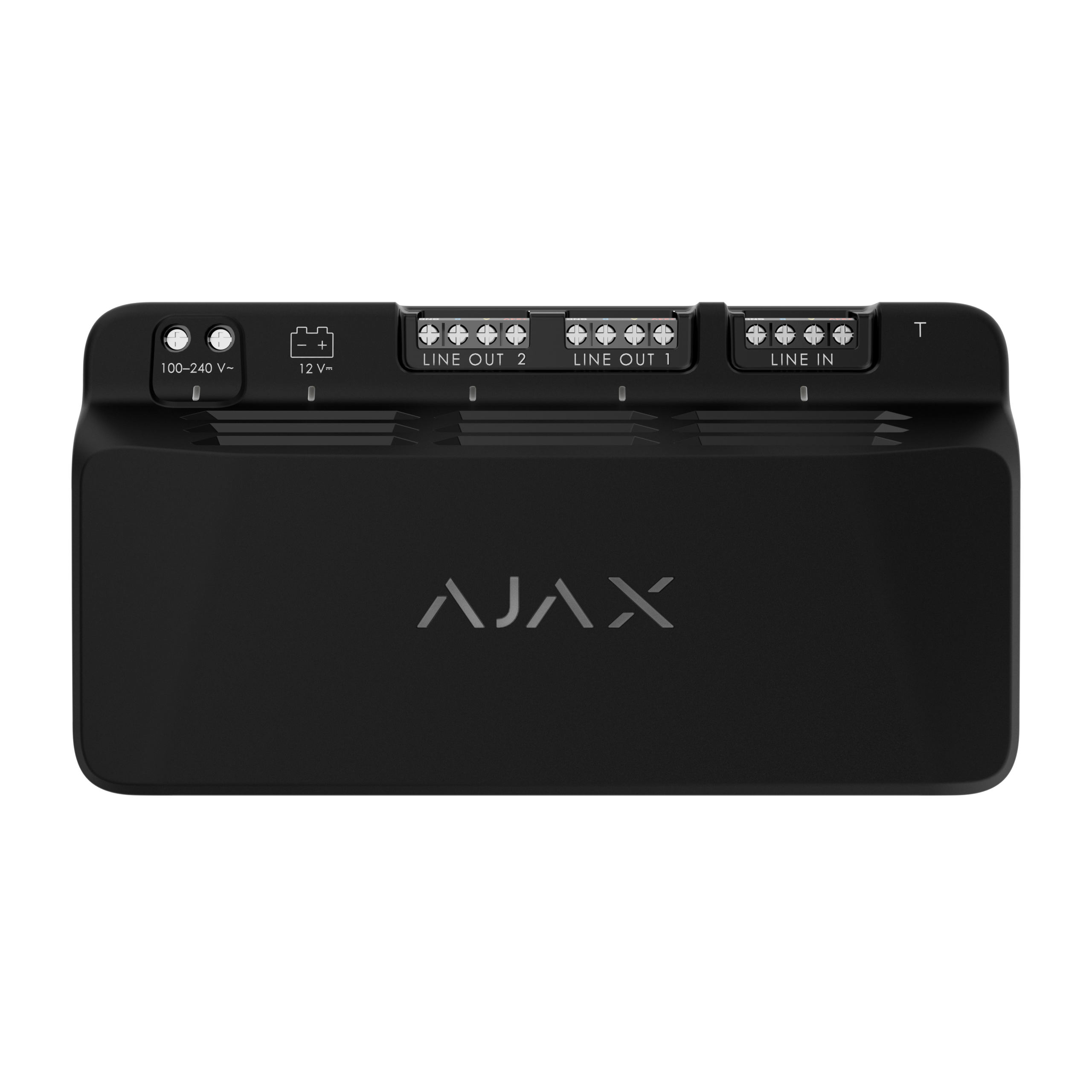 Schwarzes Gerät mit der Aufschrift "AJAX", mehreren Anschlussklemmen und Spannungshinweisen von 100-240 V und 12 V.
