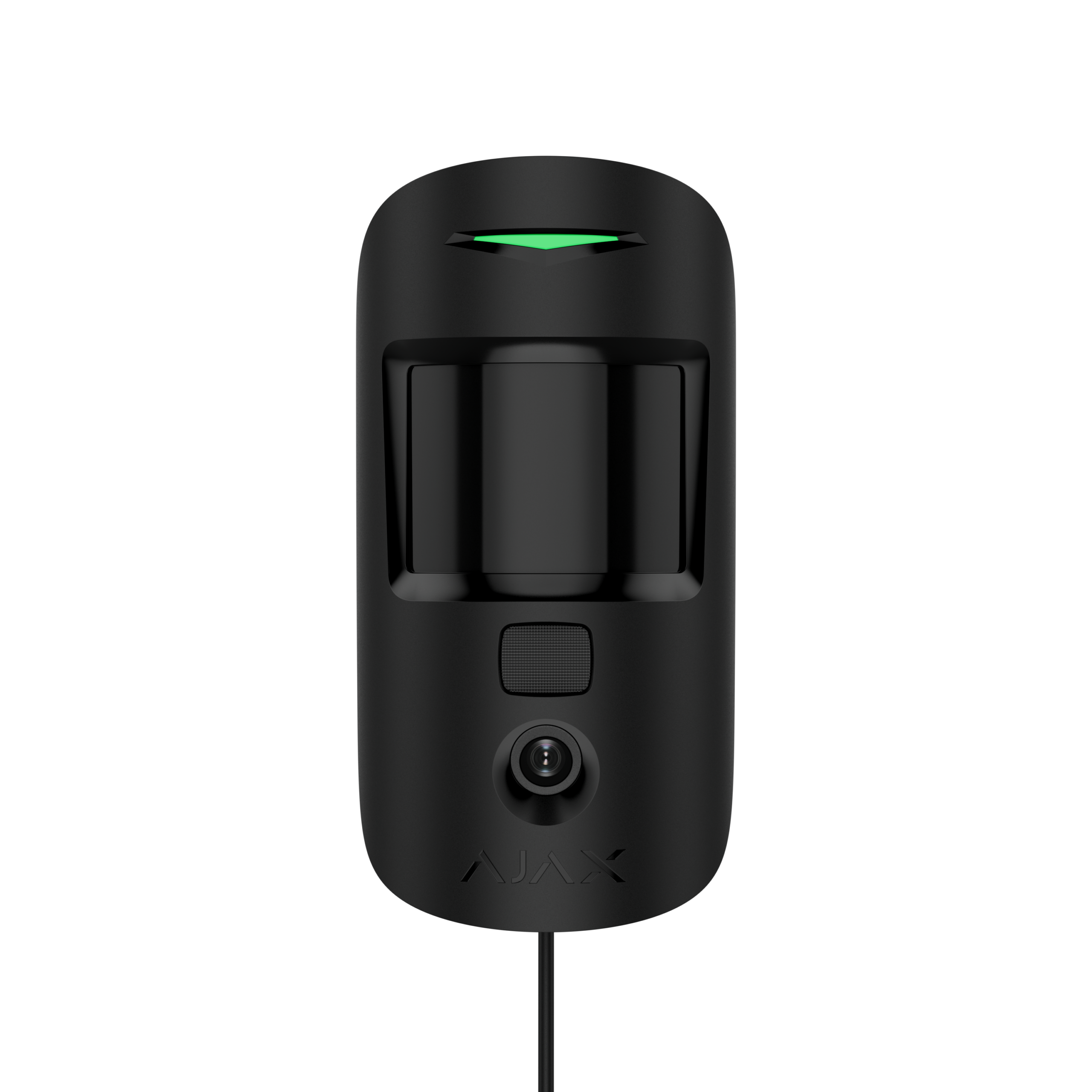 Schwarzer Bewegungssensor mit grünem Licht auf schwarzem Hintergrund.