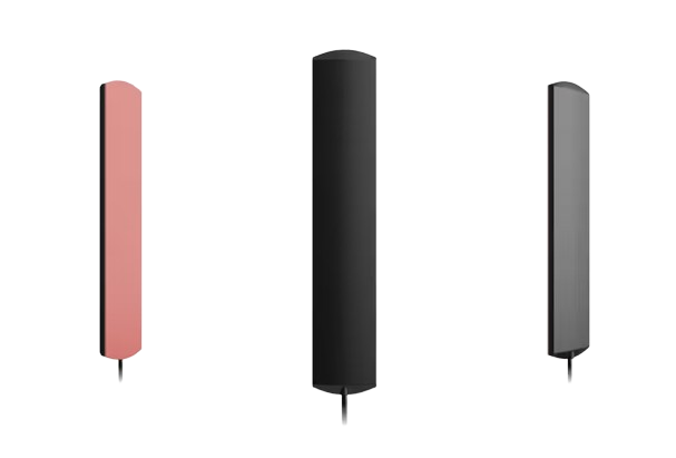 Drei vertikale, unterschiedlich gefärbte Rechteck-Paneele mit abgerundeten Ecken vor einem weißen Hintergrund.