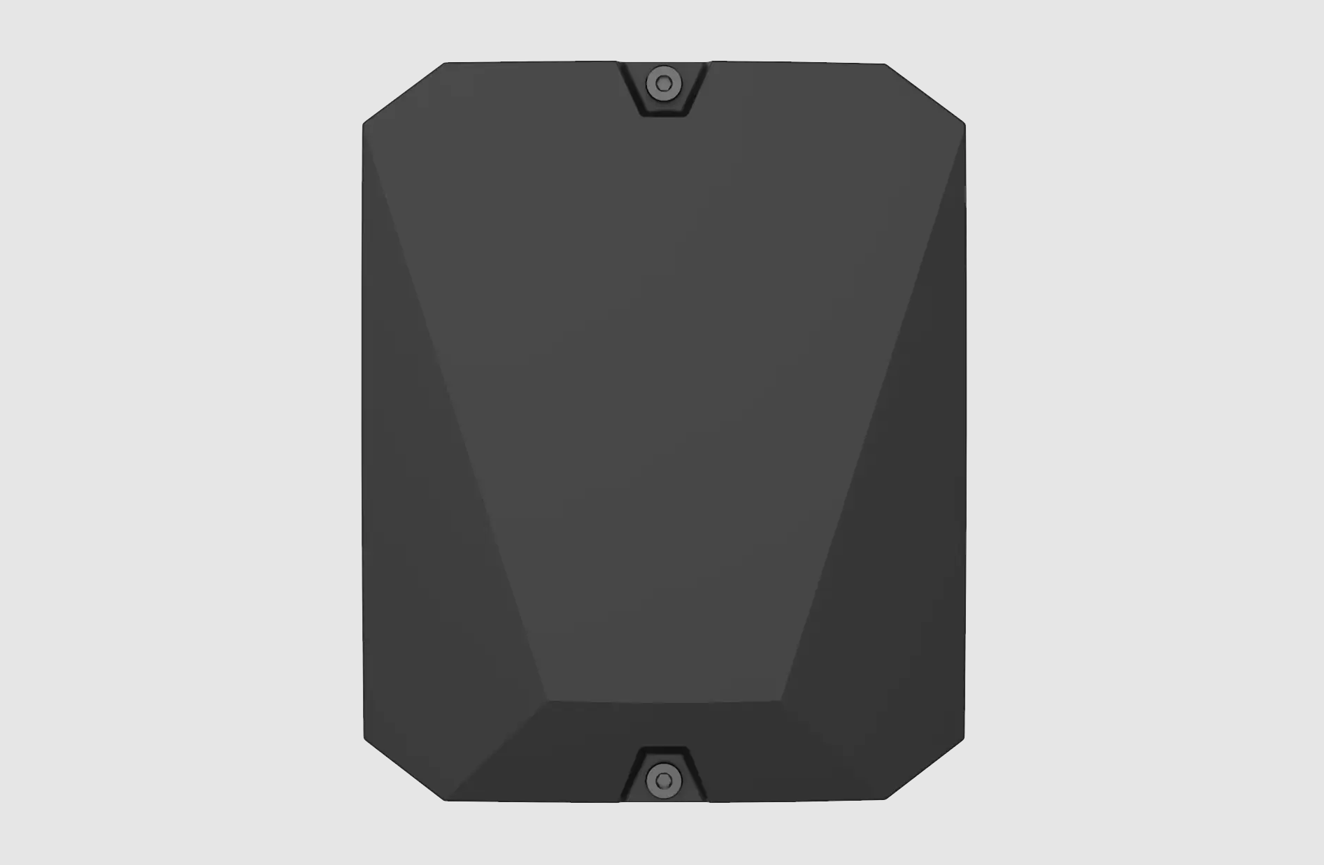 Schwarze, sechseckige Wandhalterung mit zwei kleinen vertikalen Aussparungen oben und unten.