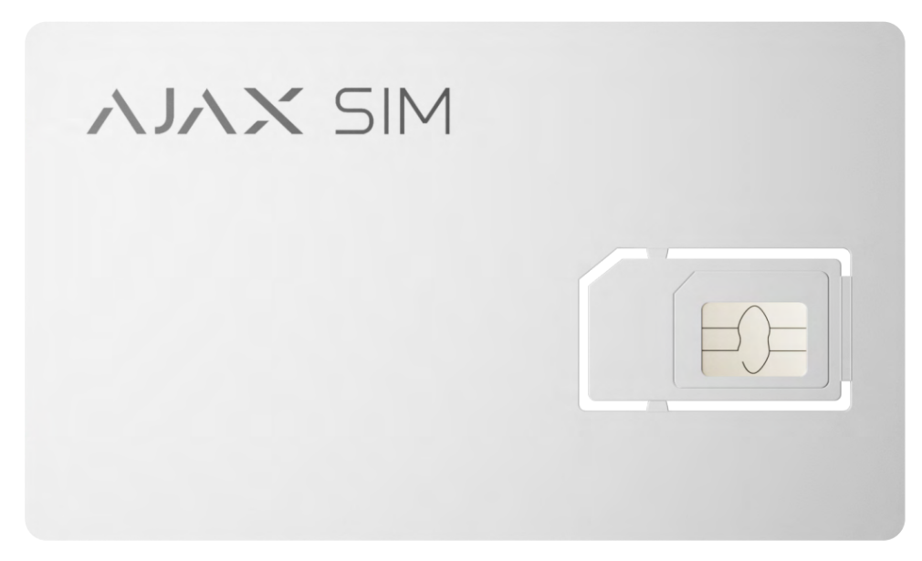 Weiße SIM-Karte mit der Aufschrift „AJAX SIM“ im oberen linken Bereich.