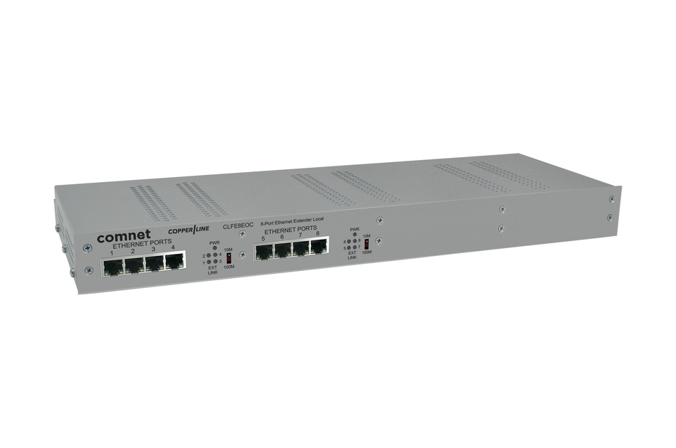 Ein grauer Netzwerk-Switch mit mehreren Ethernet-Ports auf der Vorderseite und Beschriftungen wie "ComNet" und "Ethernet Ports".