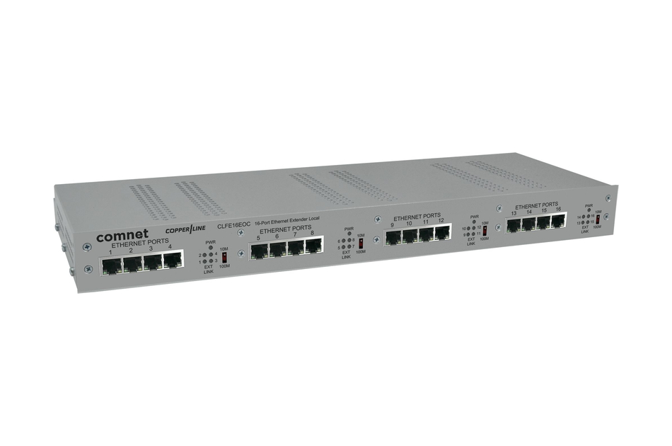 Ethernet-Switch mit mehreren Ports und Beschriftungen auf der Vorderseite in grauem Gehäuse.