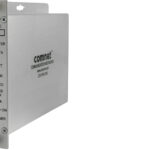 Silberner Video-Transmitter von ComNet mit Anschlüssen und LED-Anzeigen für Ethernet und Datenübertragung.