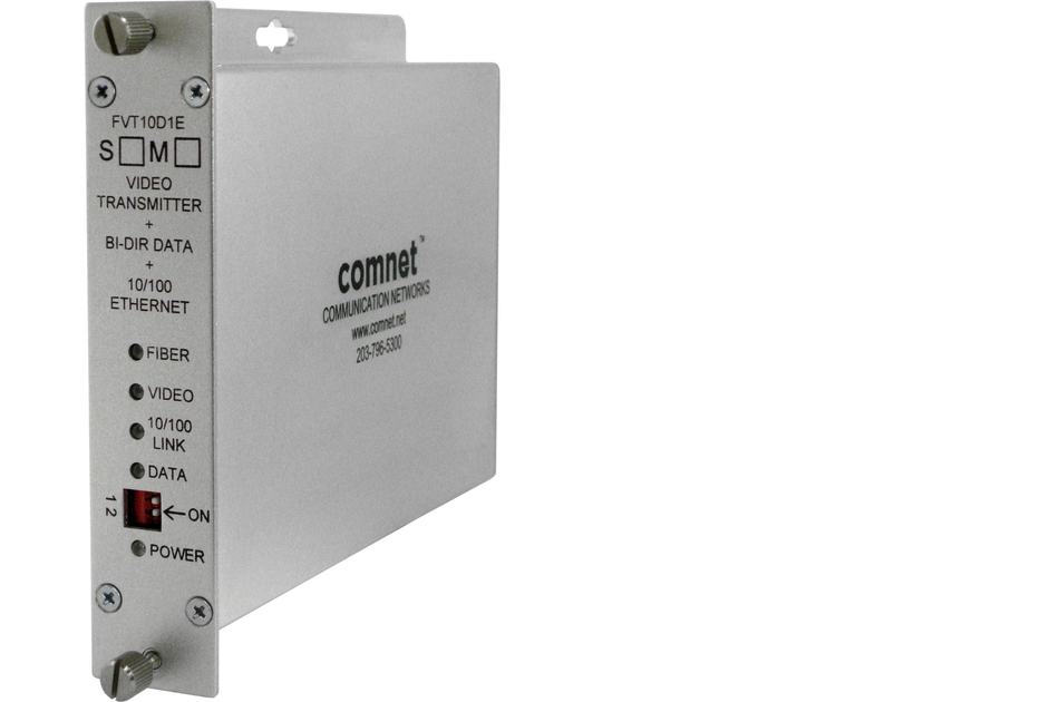 Silberner Video-Transmitter von ComNet mit Anschlüssen und LED-Anzeigen für Ethernet und Datenübertragung.