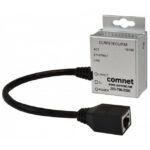 Ein grauer Netzwerkadapter mit Ethernet-Kabel, RJ45-Anschluss und Beschriftung "comnet".