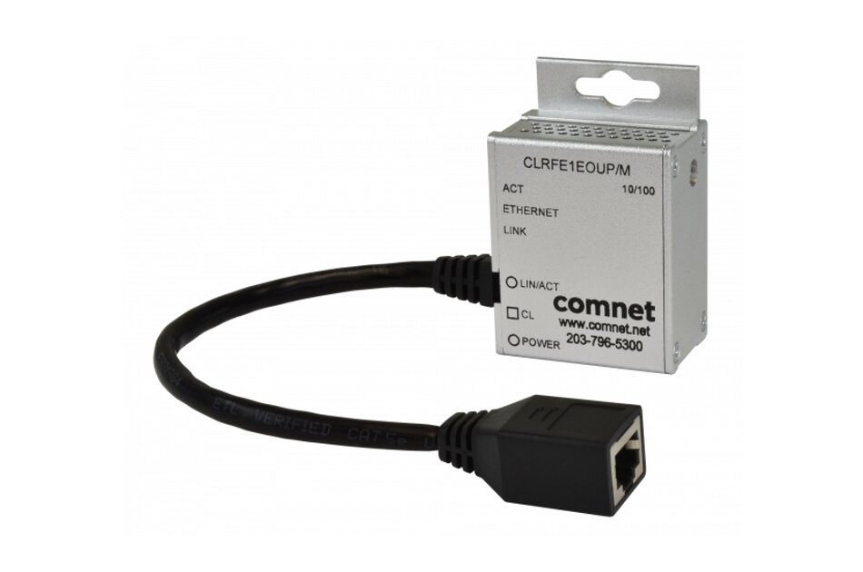 Ein grauer Netzwerkadapter mit Ethernet-Kabel, RJ45-Anschluss und Beschriftung "comnet".