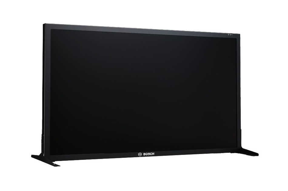 Ein schwarzer Flachbildschirm der Marke Bosch, frontal und leicht abgewinkelt zu sehen.