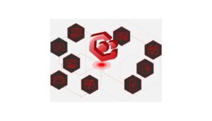 Rotes 3D-Logo in der Mitte, umgeben von acht schwarzen Sechsecken mit verschiedenen Symbolen vor weißem Hintergrund.