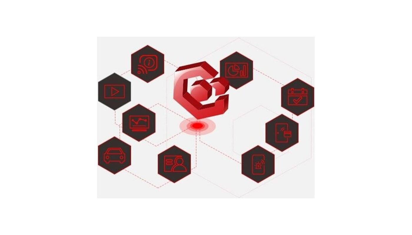 Rotes 3D-Logo in der Mitte, umgeben von acht schwarzen Sechsecken mit verschiedenen Symbolen vor weißem Hintergrund.
