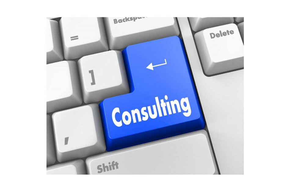 Blauer "Consulting"-Taste auf einer Computertastatur, umgeben von grauen Tasten.